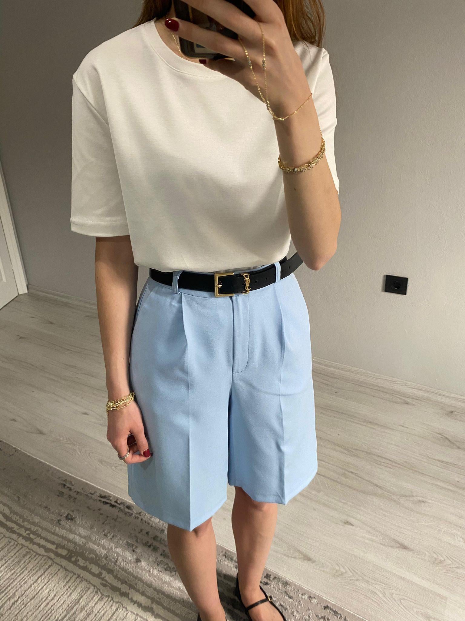 Bebe Mavisi Yüksek Bel Kumaş Şehir Boy Şort