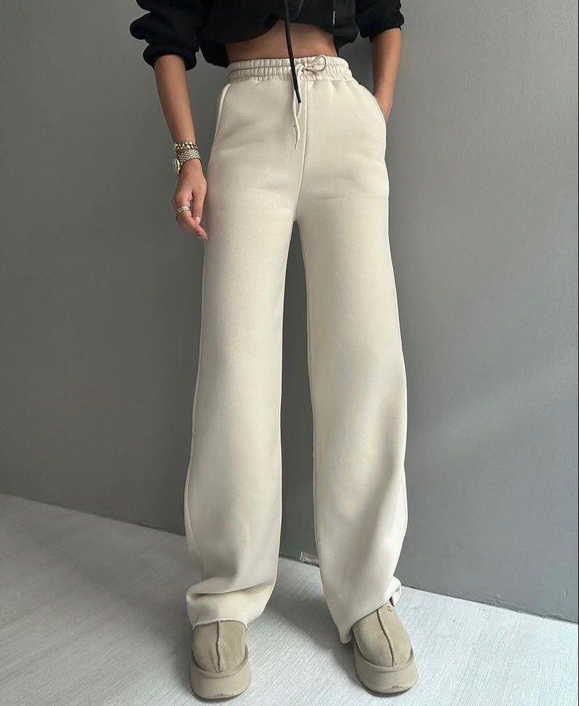 Bej 3 İplik Şardonlu Yüksek Bel Palazzo Eşofman Altı