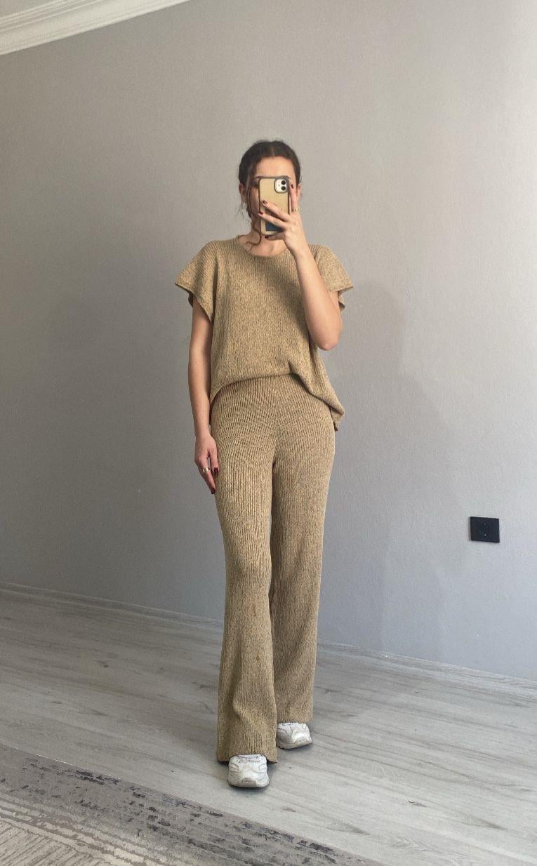 Bej Bisiklet Yaka Triko Bluz Takım