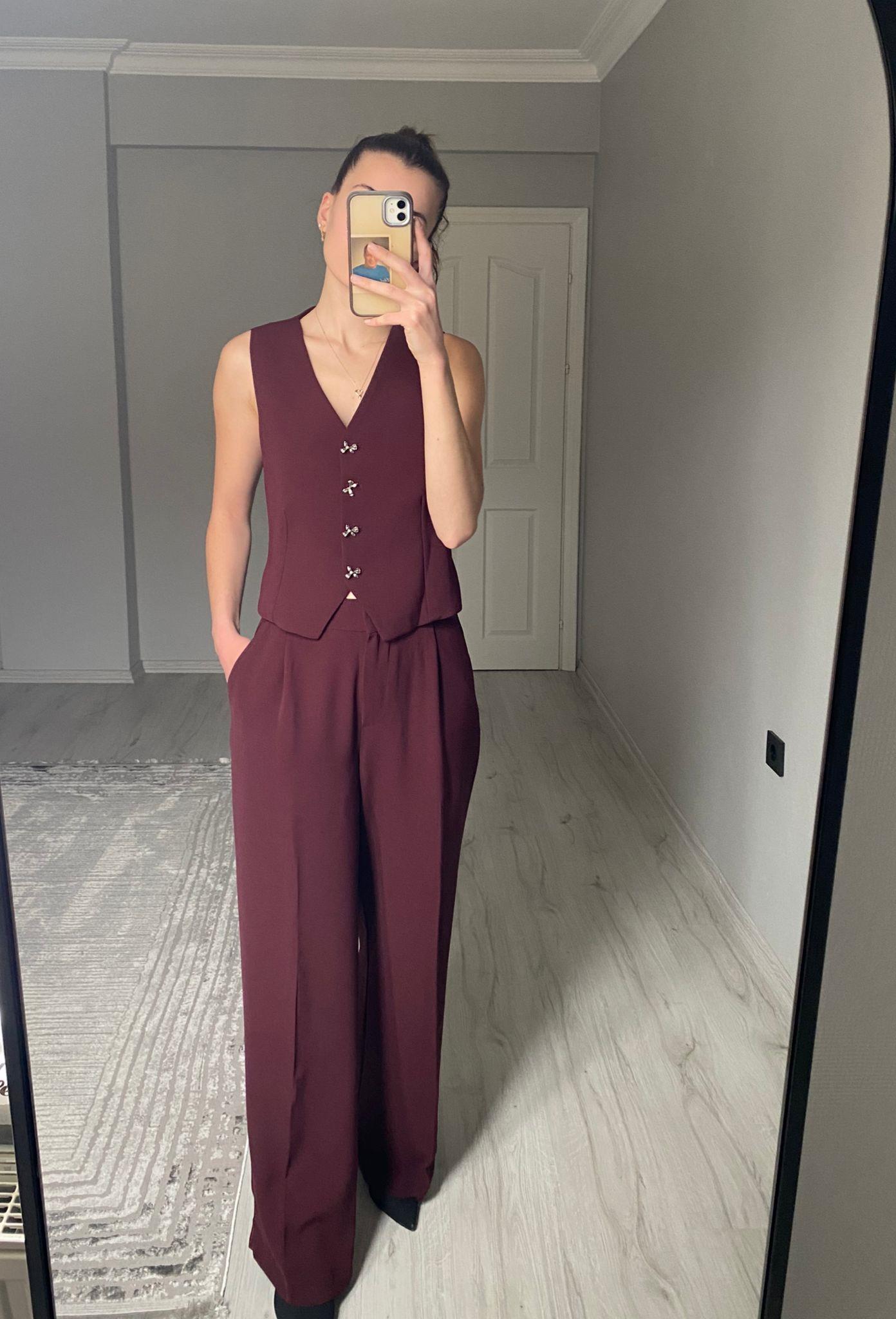 Bordo Fiyonk Taşlı Yelek-Pantolon Takım