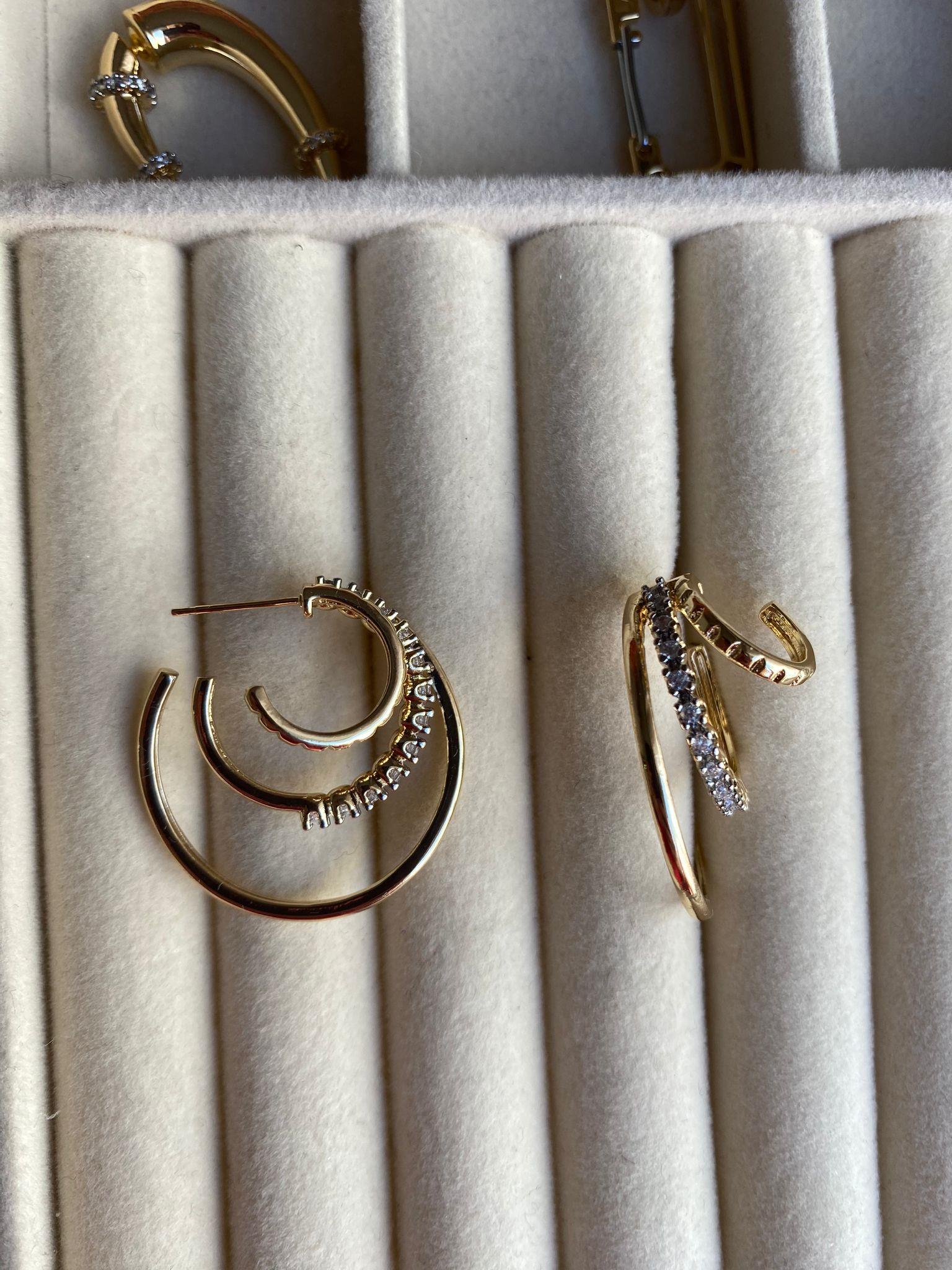 Çelik 3 Sıra Taşlı Halka Gold Küpe