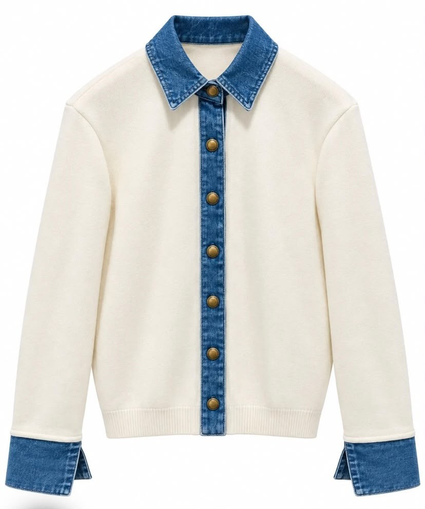 Denim Detaylı Çelik Hırka - Beyaz