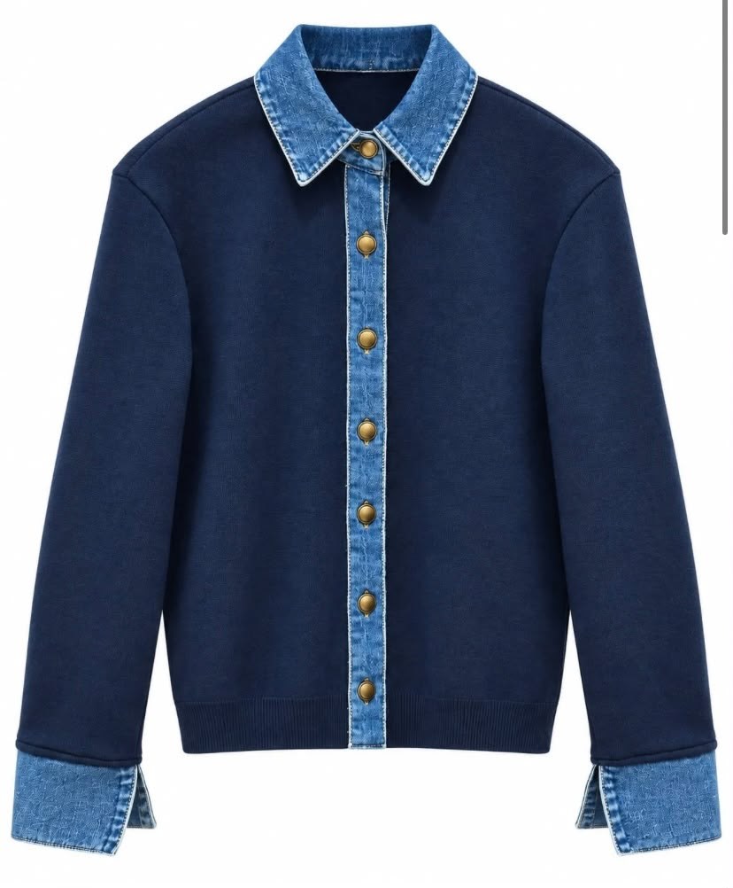 Denim Detaylı Çelik Hırka - Lacivert