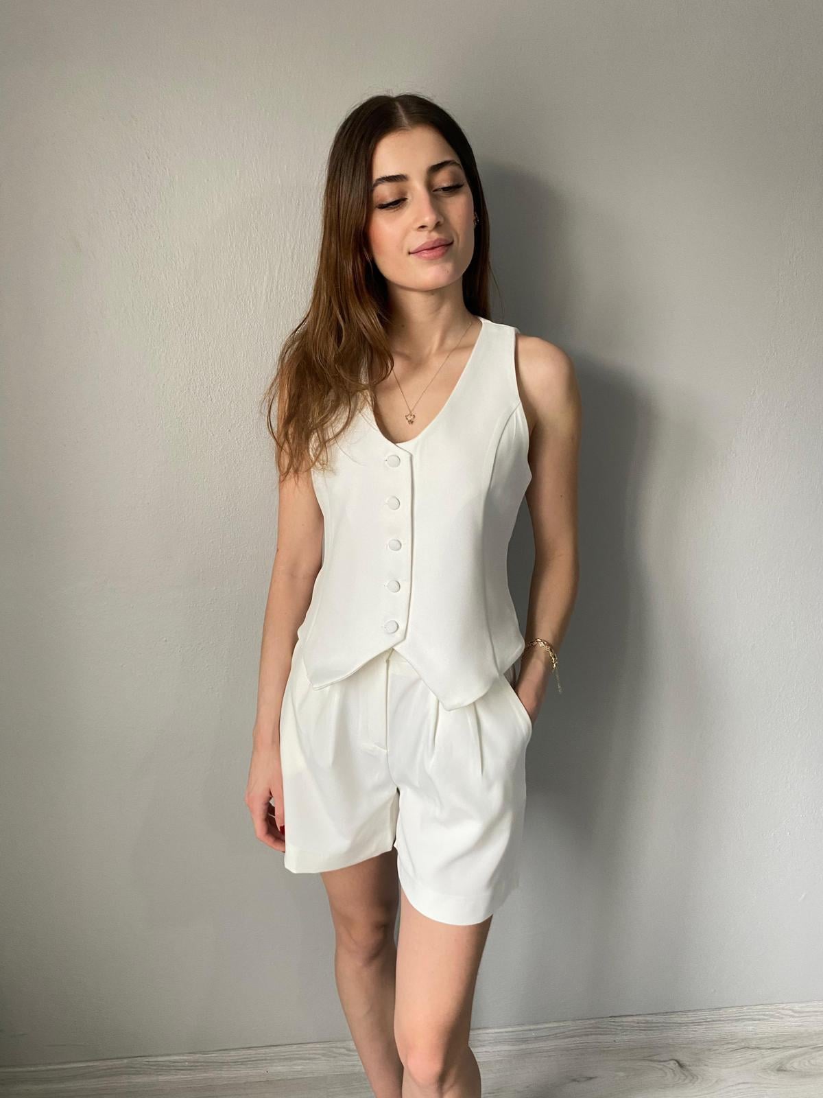 Duble Kumaş Yelek Şort İkili Takım - Beyaz