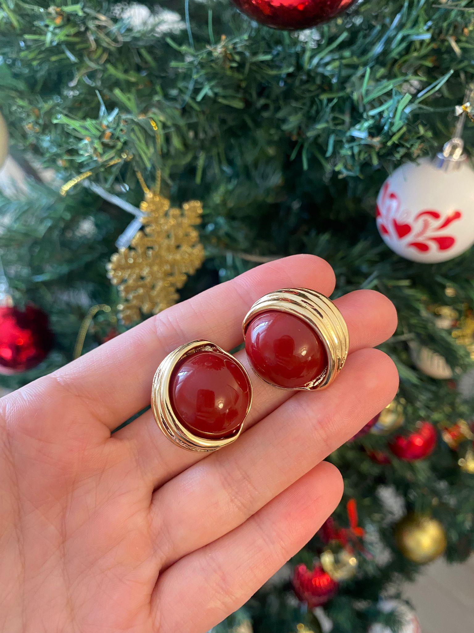 Gold Detay Daire Bordo Vintage Küpe