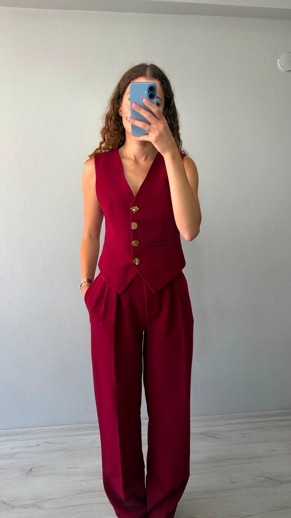 Gold Düğmeli Yelek Pantolon Takım - Bordo