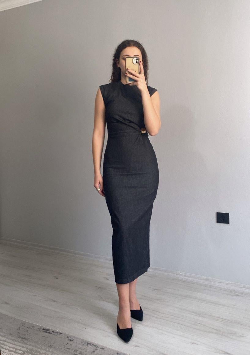 Gold Tokalı Premium Kalite Midi Boy Likralı Denim Elbise