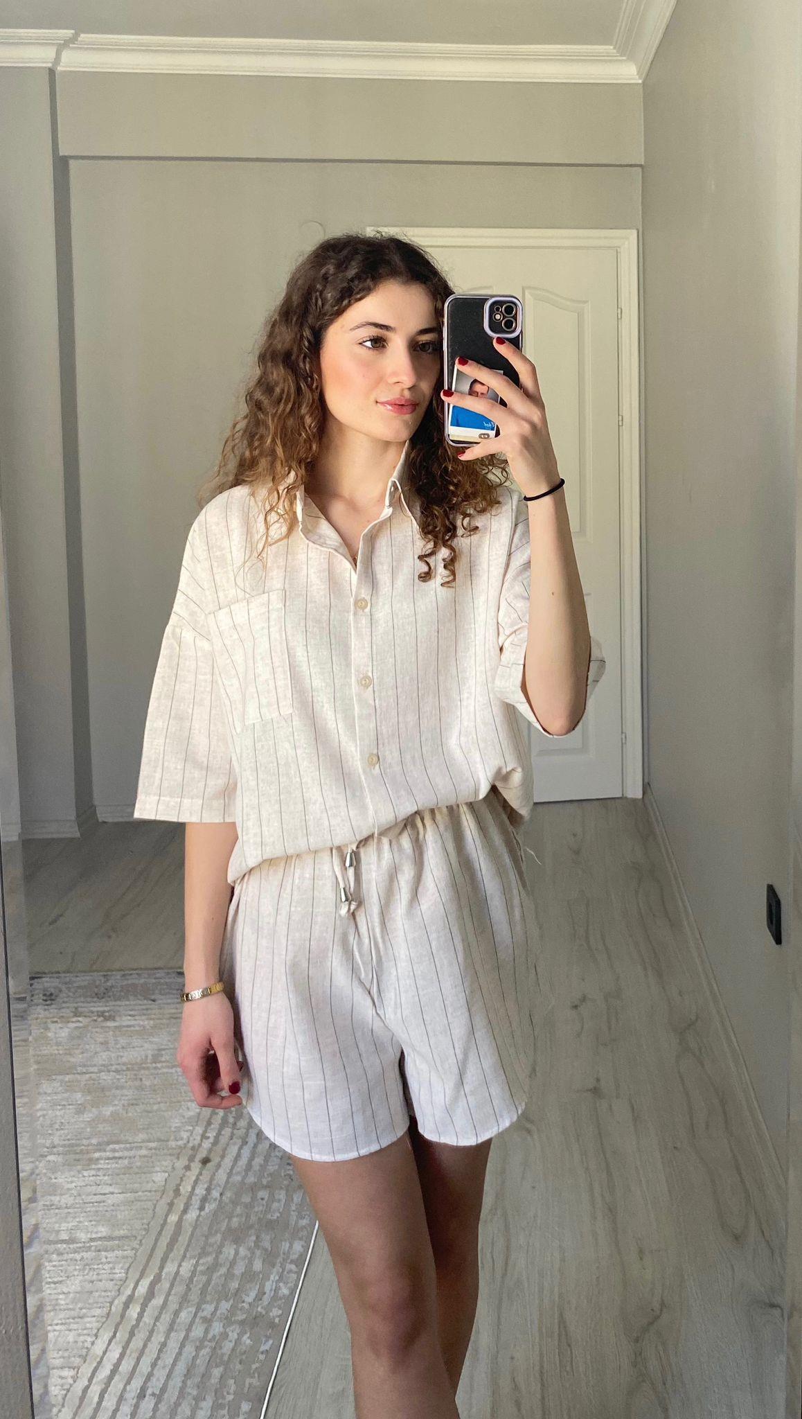 Gömlek Şort İkili Keten Takım Bej