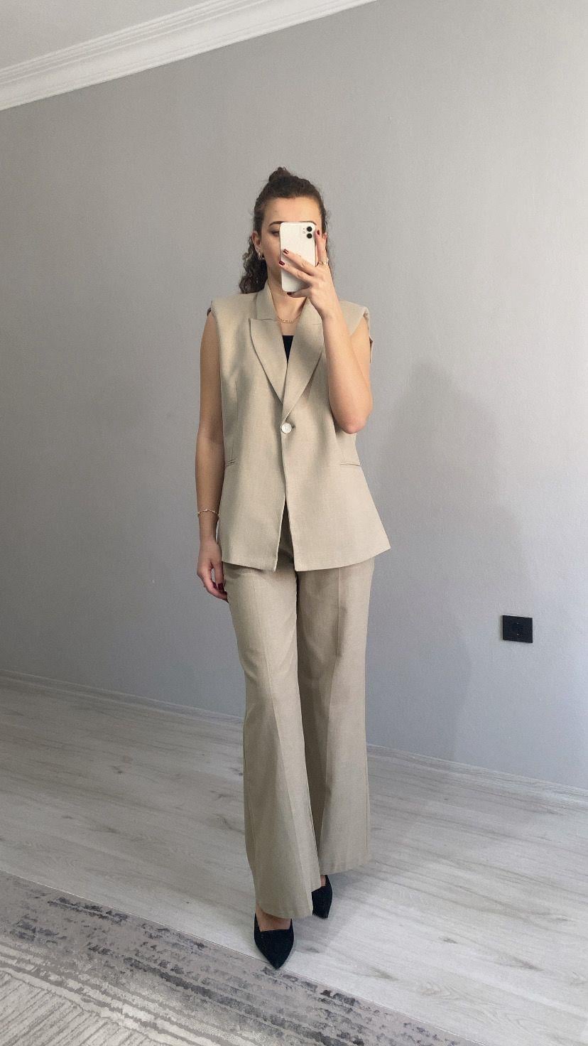 Haki Kruvaze Yaka Vatkalı Yelek Arka Bel Lastikli Salaş Pantolon İkili Takım