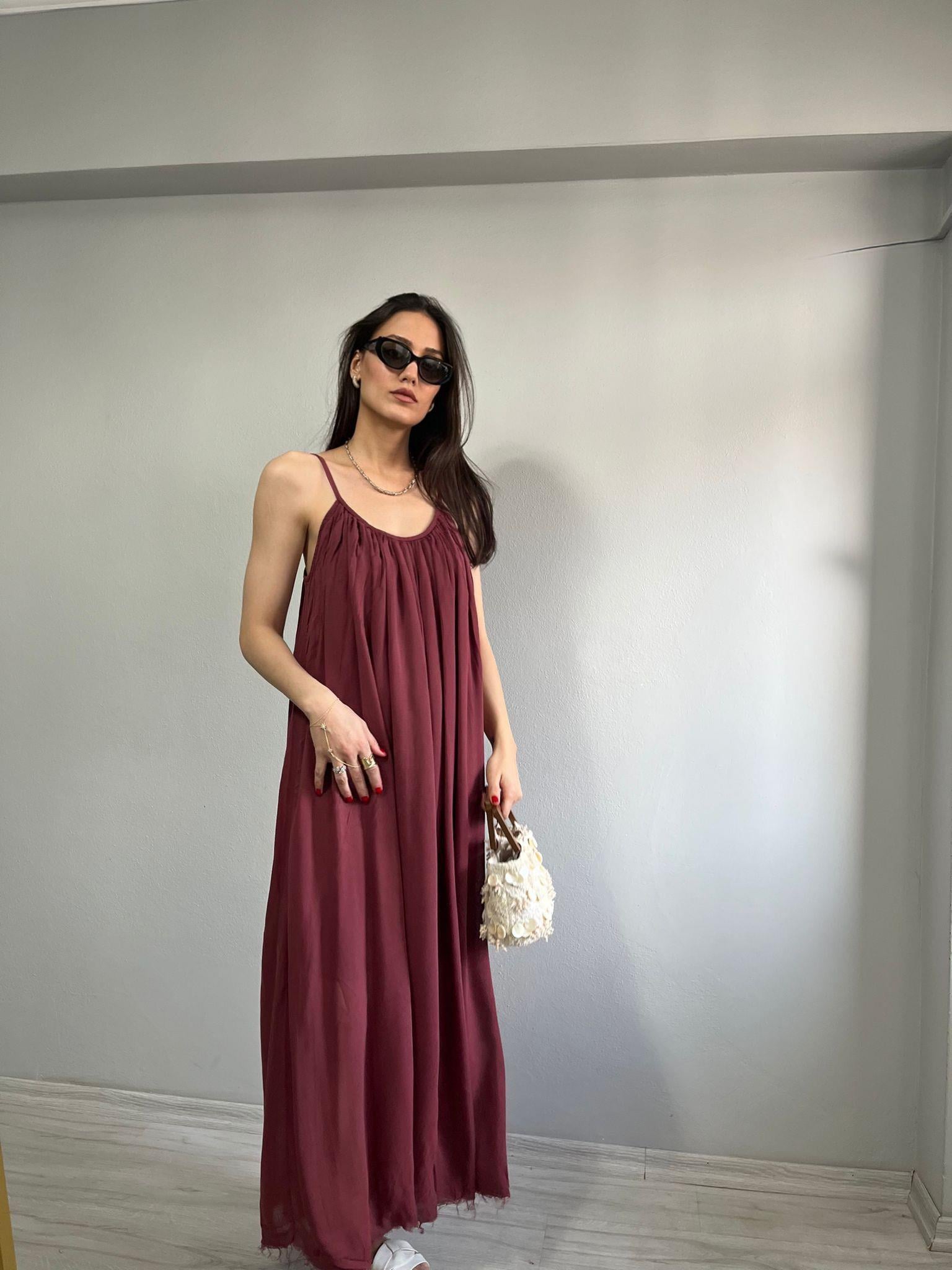 İp Askılı Astarlı Salaş Maxi Elbise Bordo