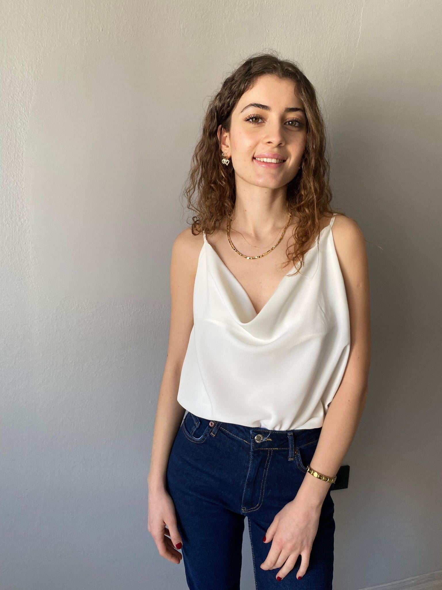 İp Askılı Saten Degaje Yaka Bluz Beyaz