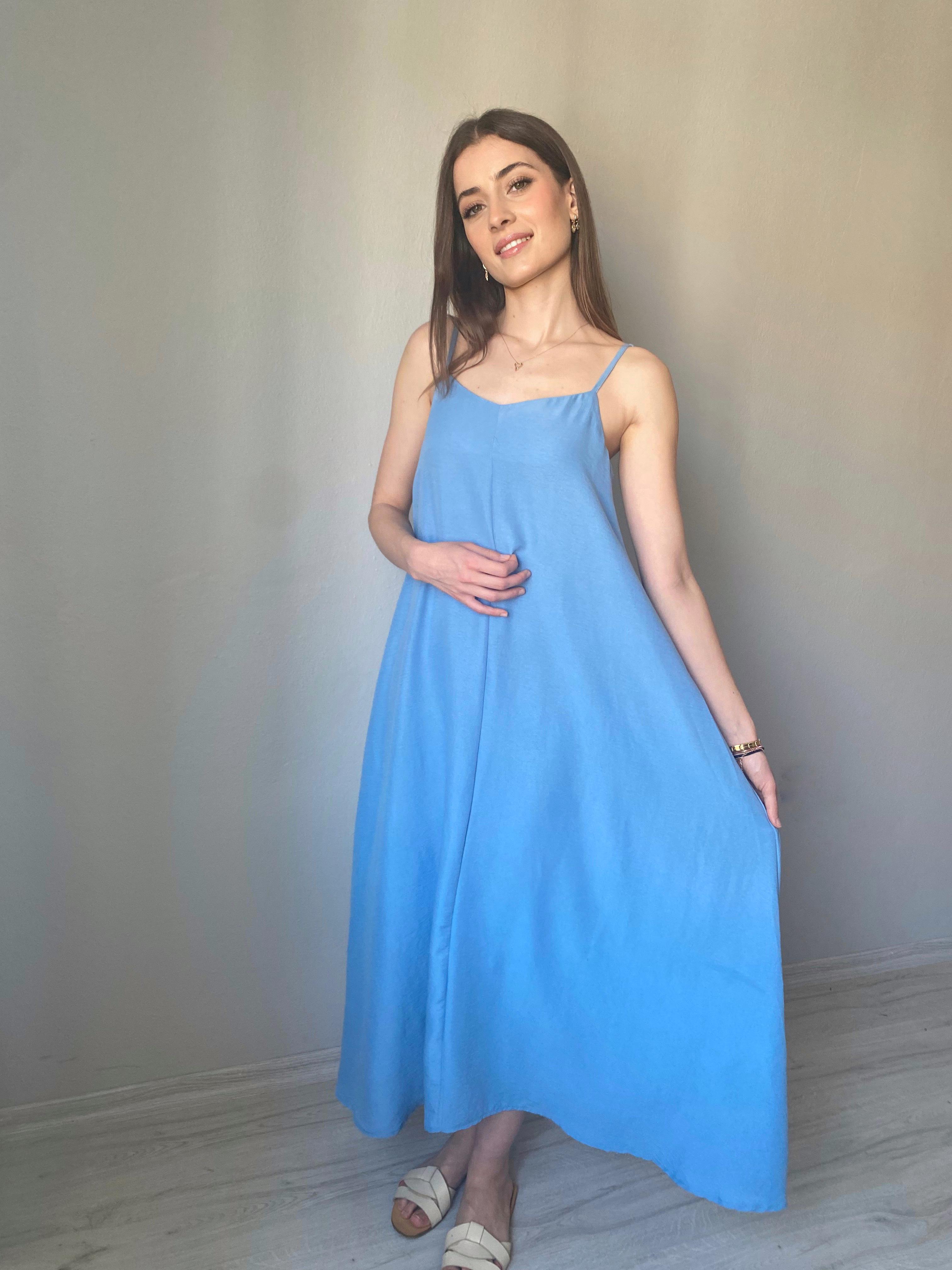 İp Askılı Tam Boy Salaş Elbise Mavi