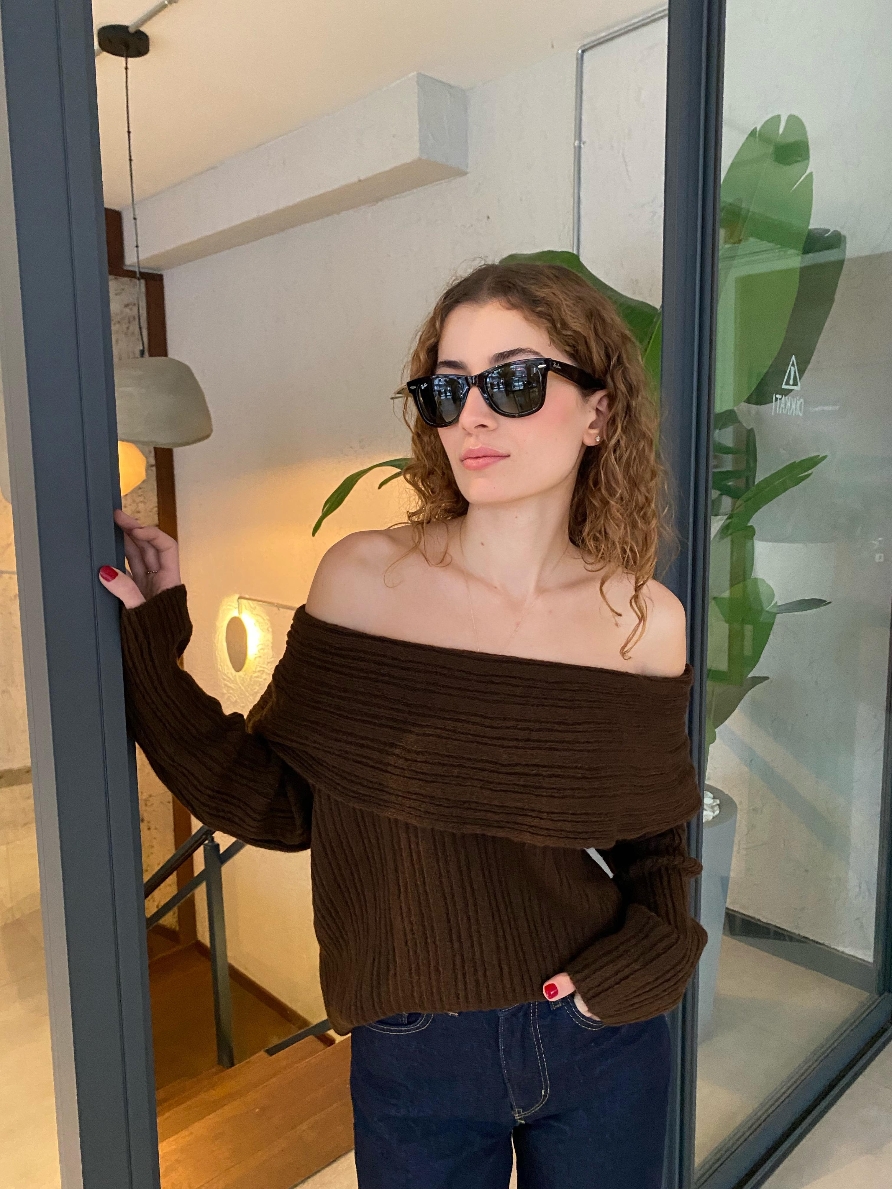 Kahve Degaje Yaka Fitilli Yumos Dokulu Kazak