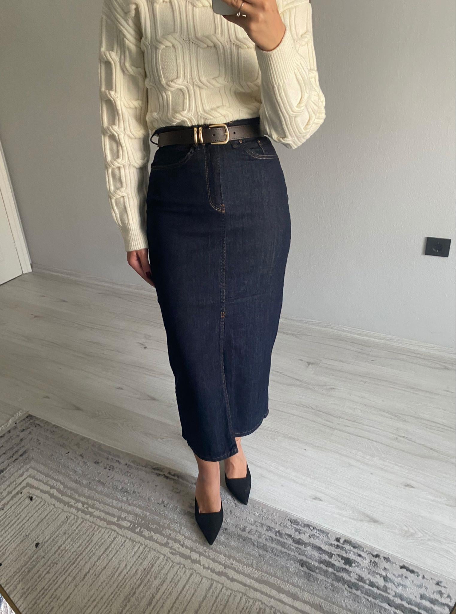 Kemerli Yüksek Bel Ön Yırtmaçlı Denim Etek - Lacivert