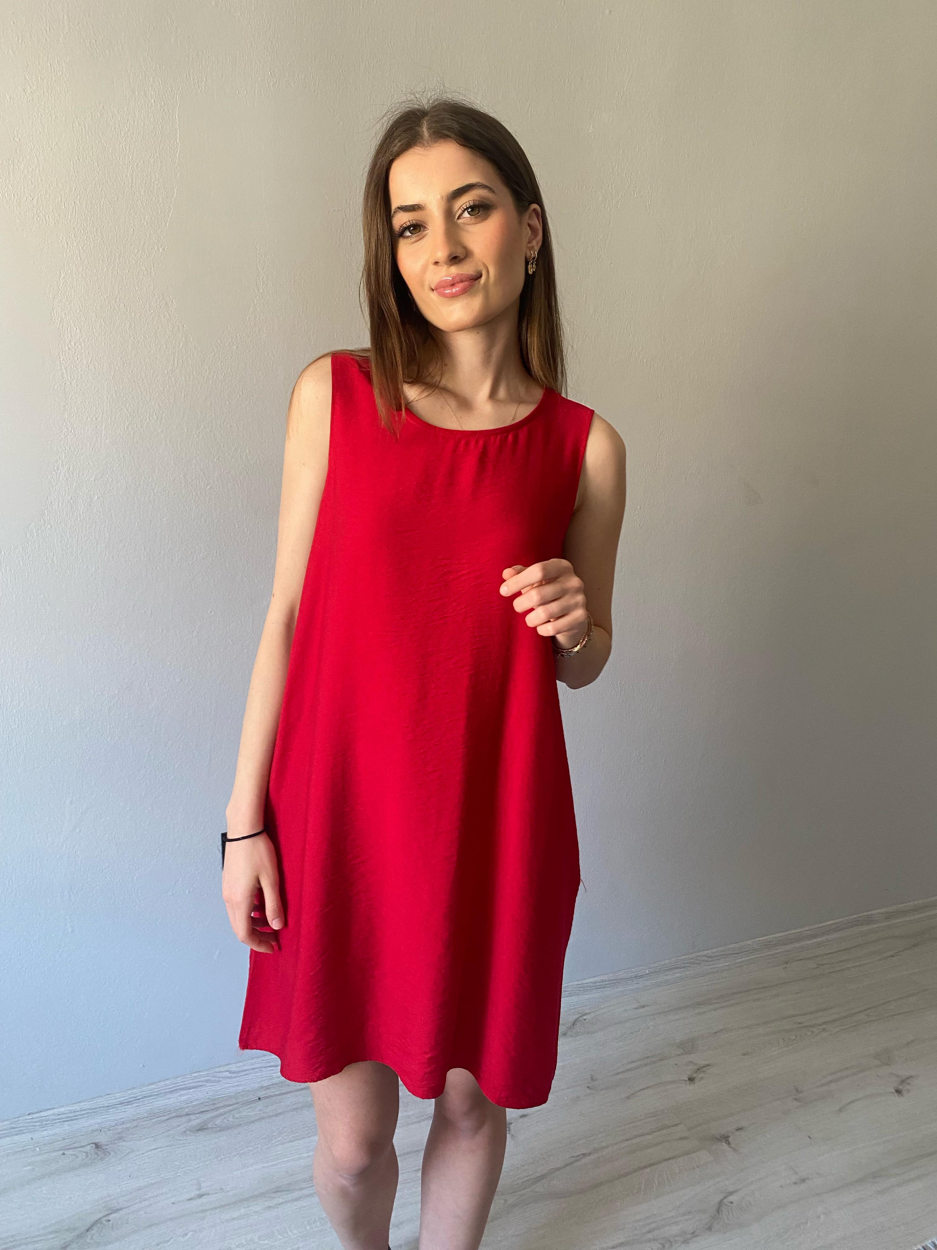 Kırmızı Kolsuz Cepli Basic Elbise