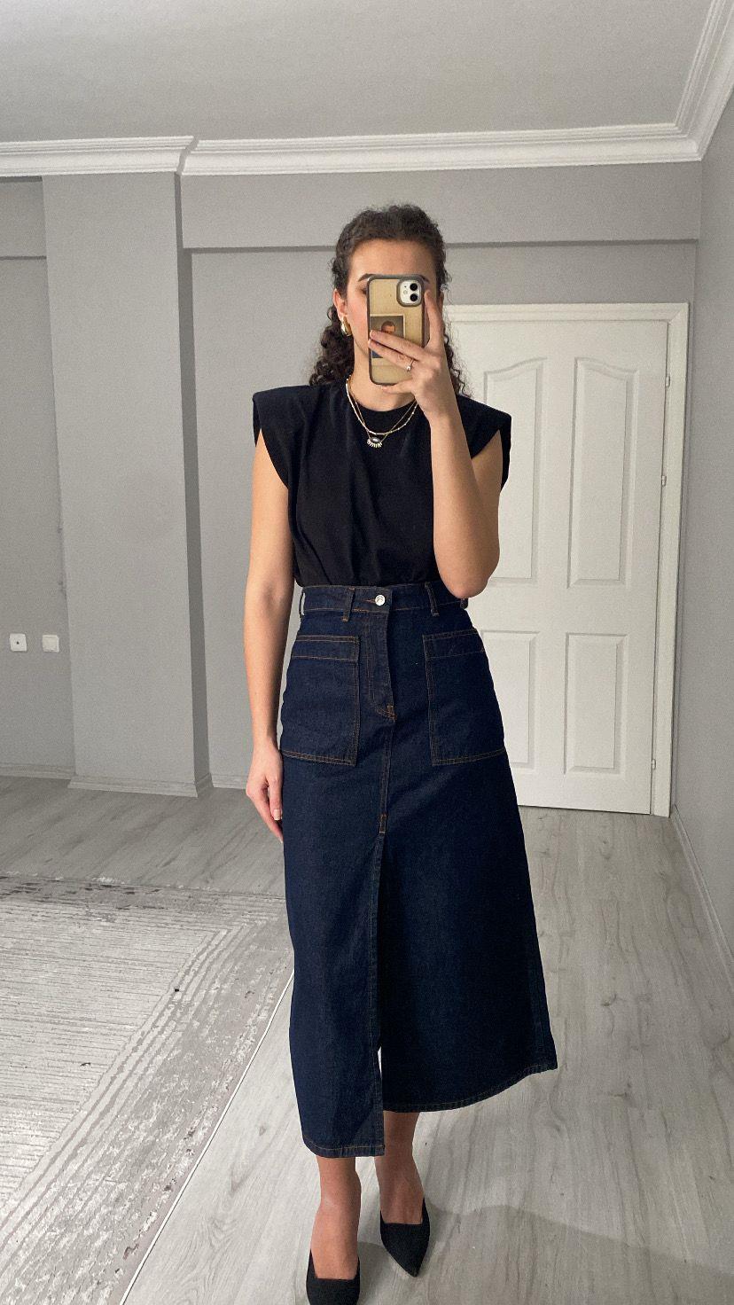 Koyu Lacivert Yırtmaçlı Denim Etek