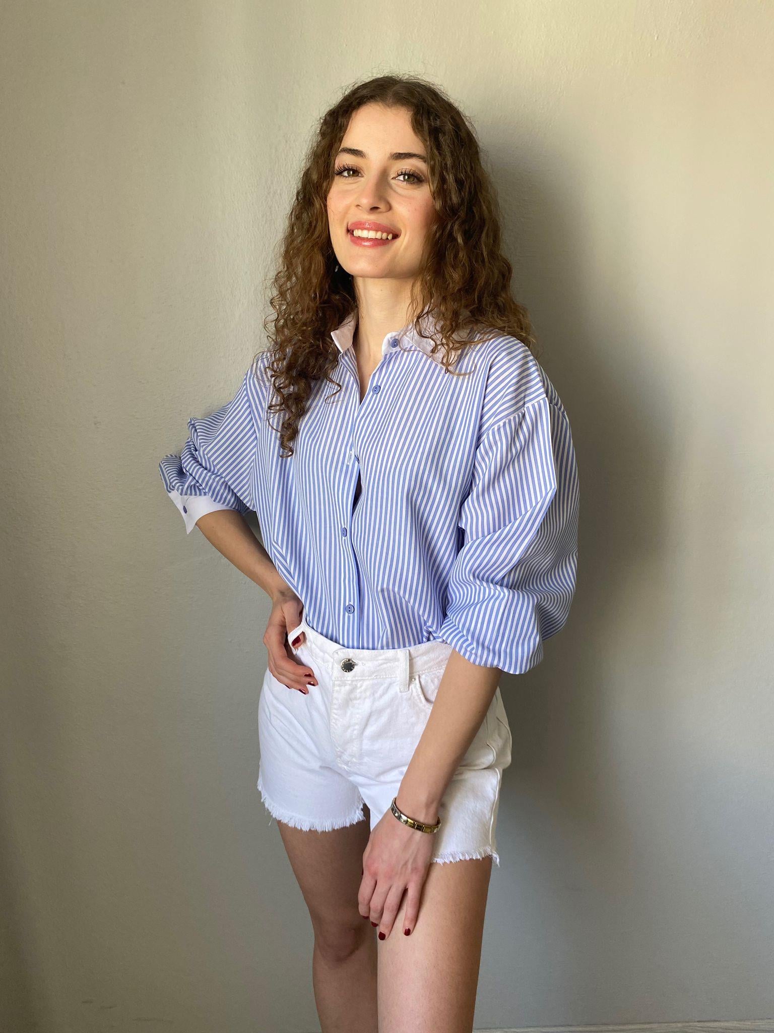 Mavi Çizgili Poplin Oversize Gömlek