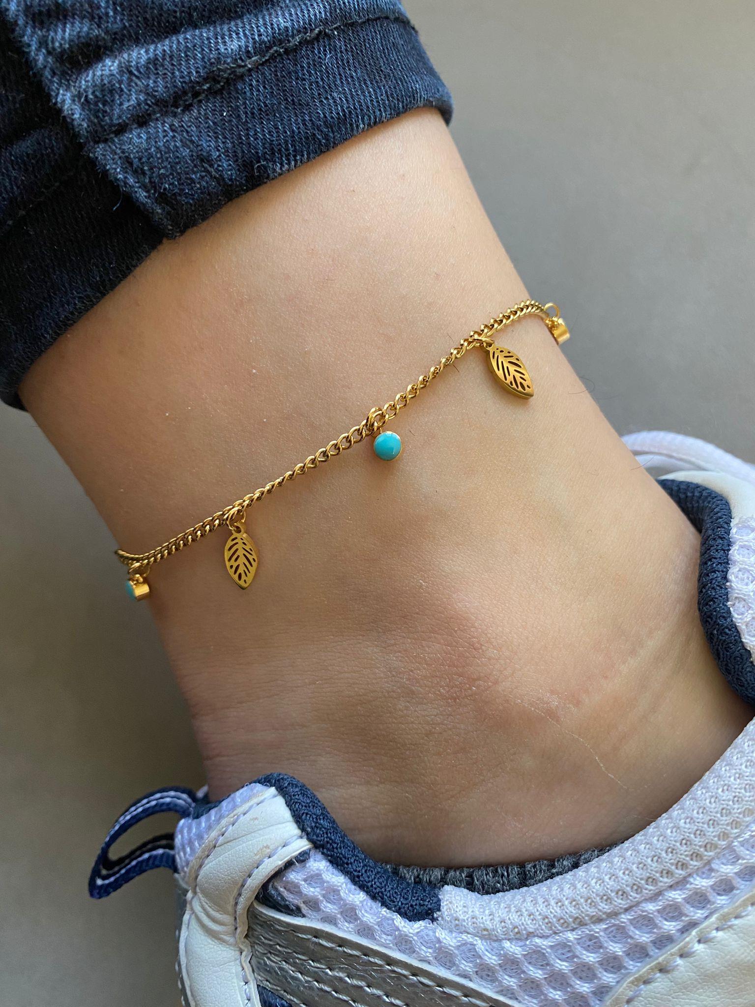 Mavi Taşlı Yaprak Detay Gold Çelik Halhal