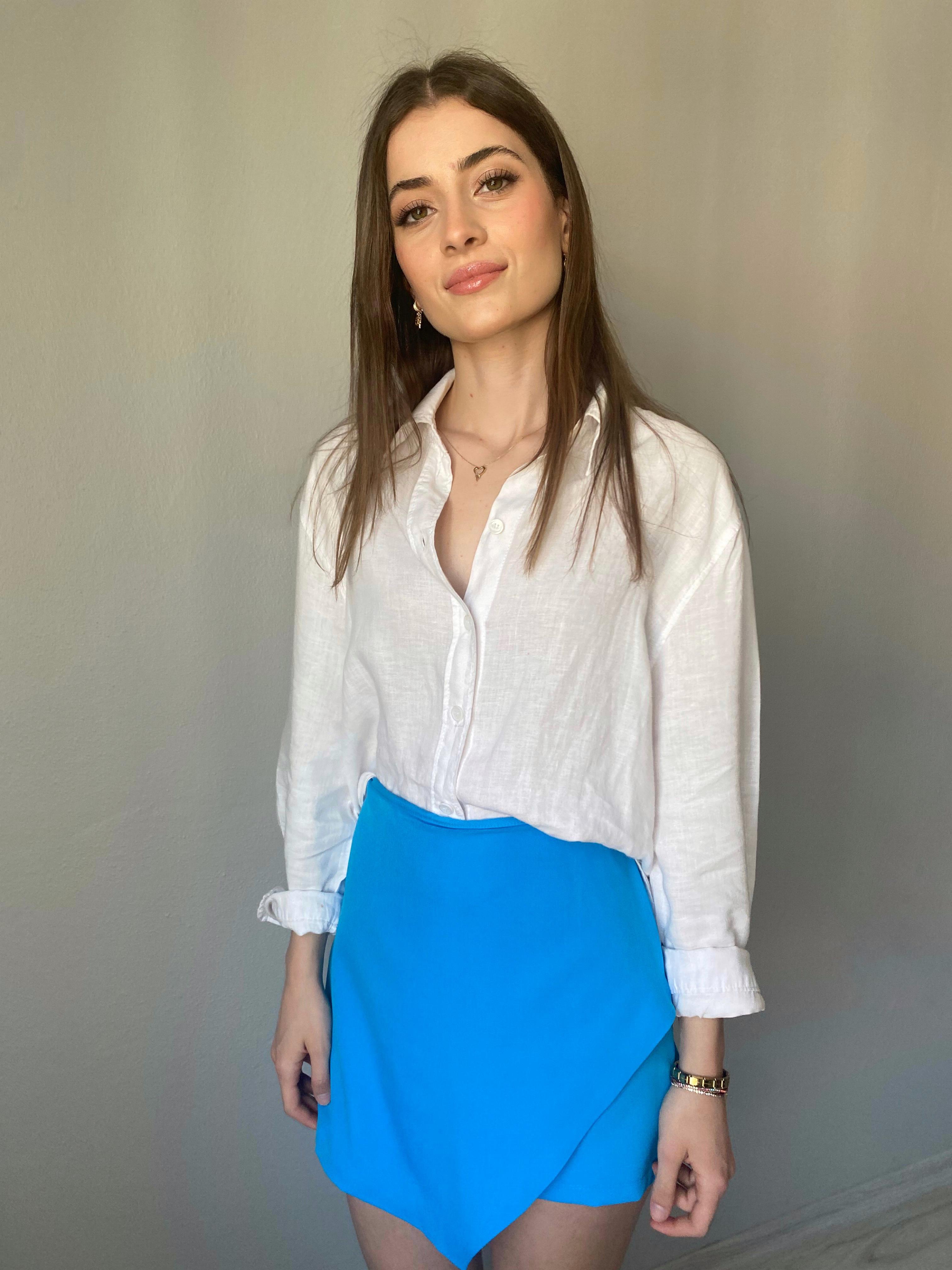 Mavi Yüksek Asimetri Şort Etek 