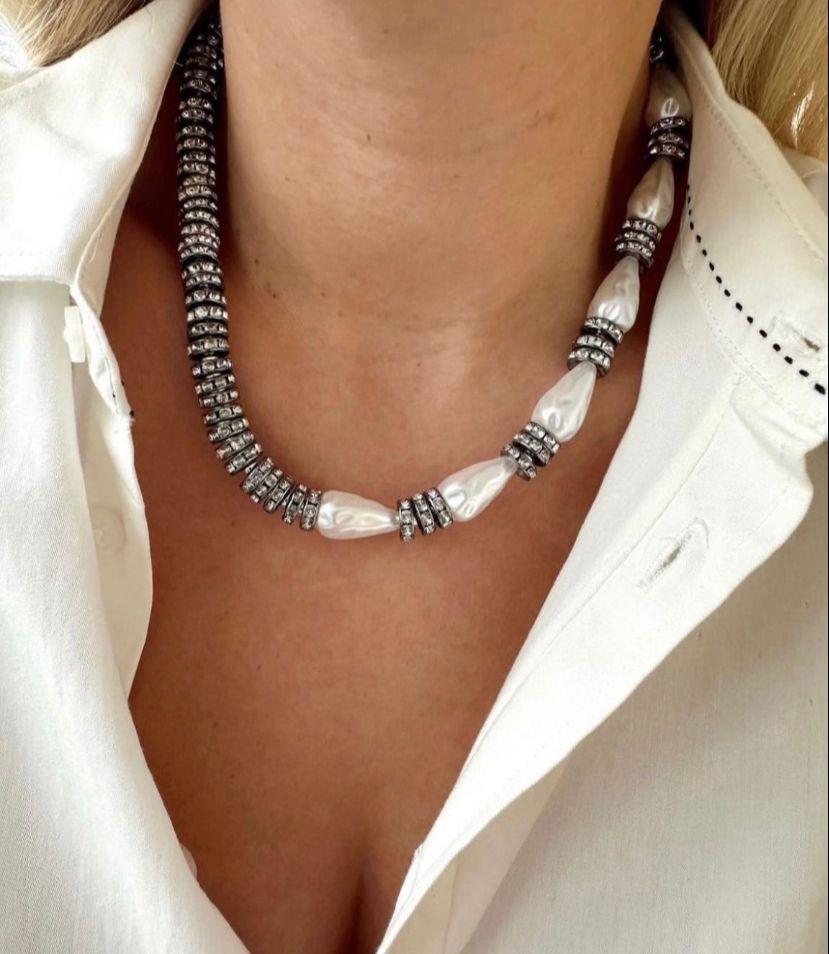 MNG İnci Detay Gümüş Taşlı Tasarım Kolye