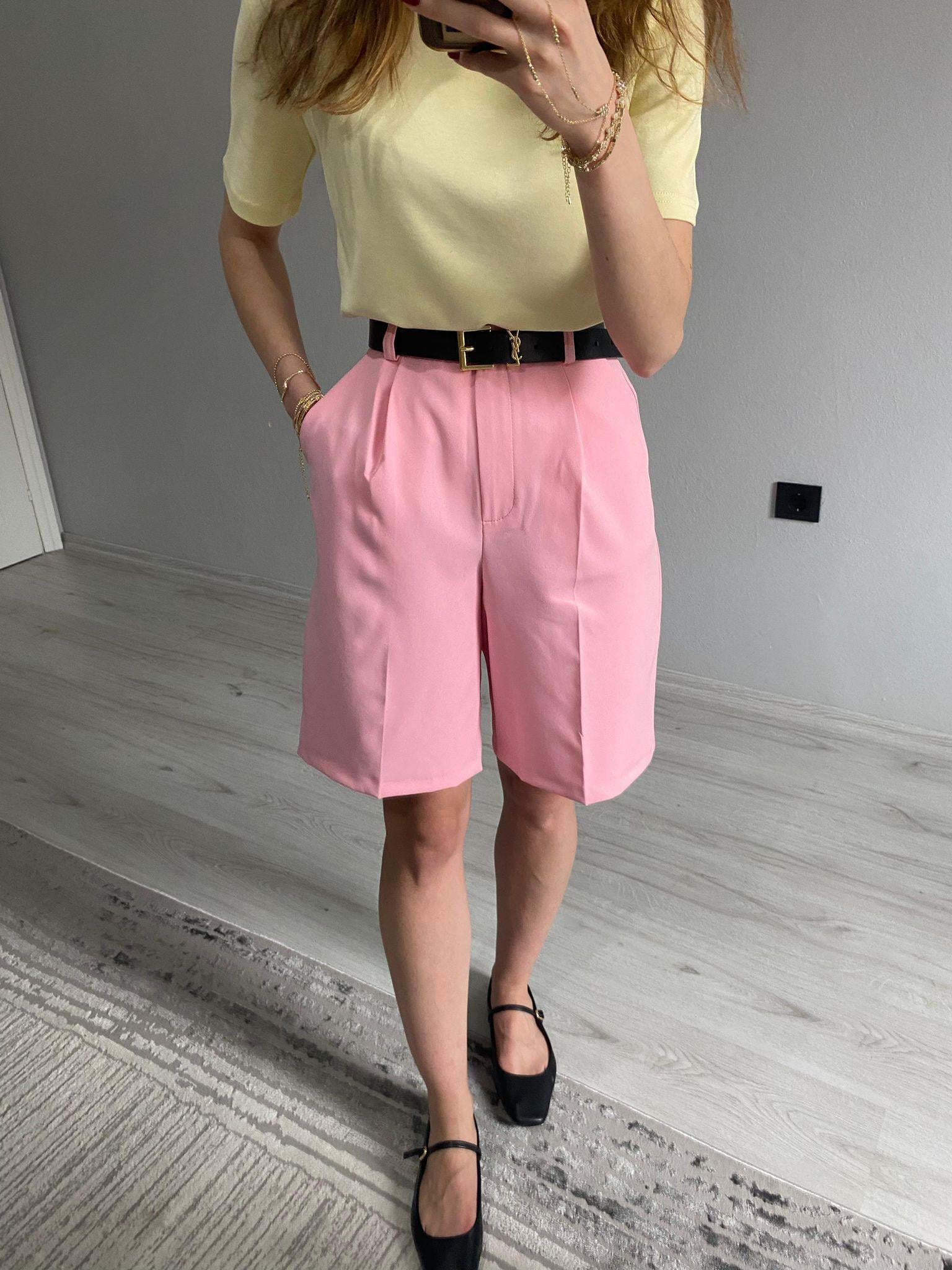 Pembe Yüksek Bel Kumaş Şehir Boy Şort