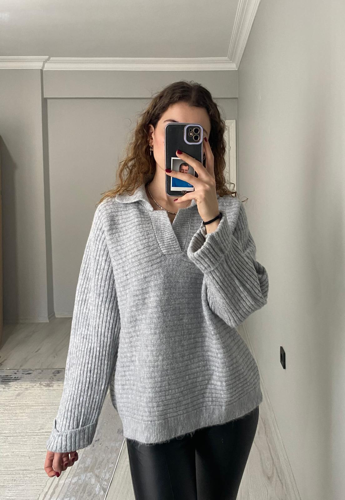 Polo Yaka Fitilli Kazak Gri