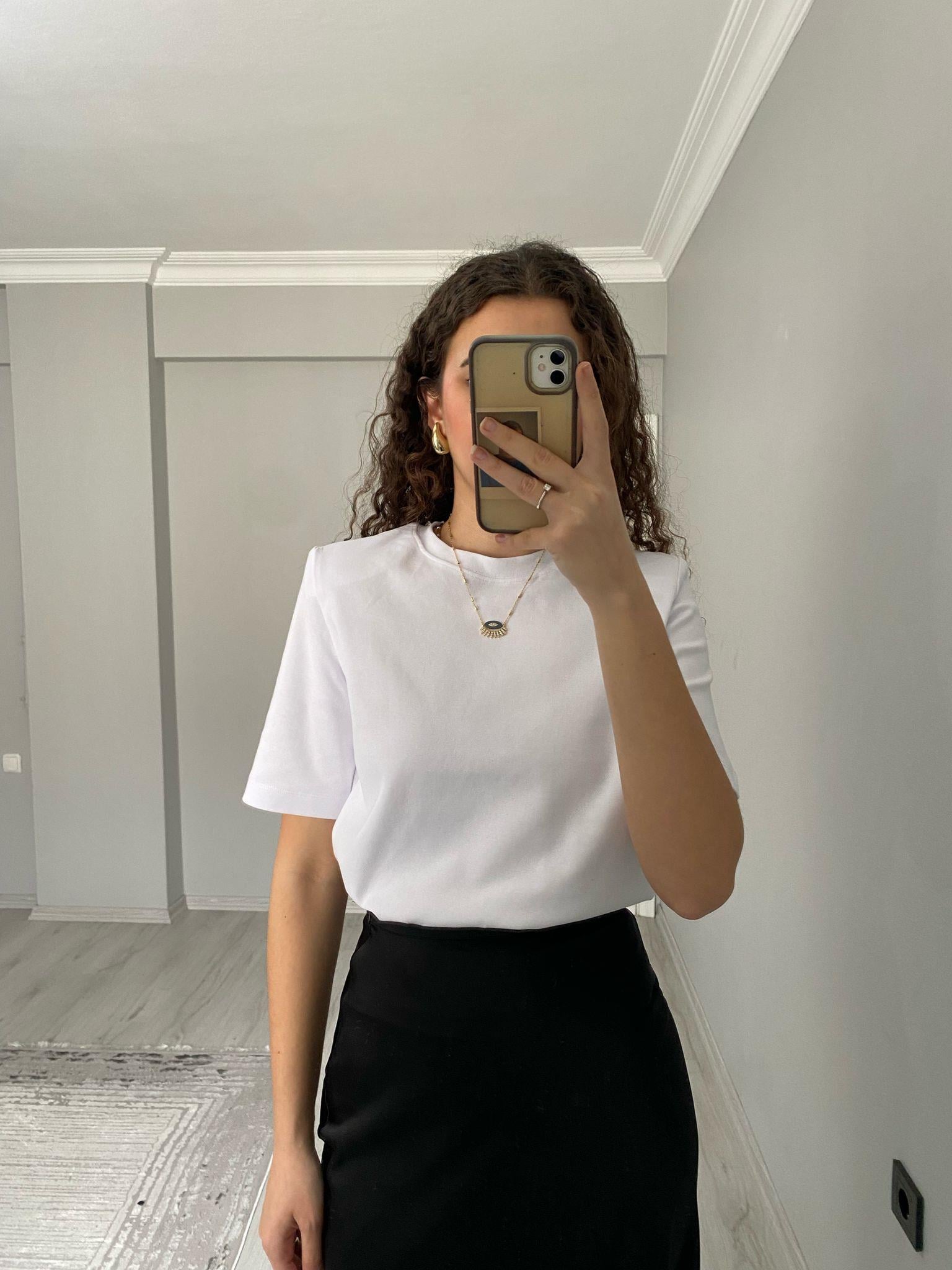 Premium Kalite Vatkalı Pamuklu Kısa Kollu Tshirt Beyaz