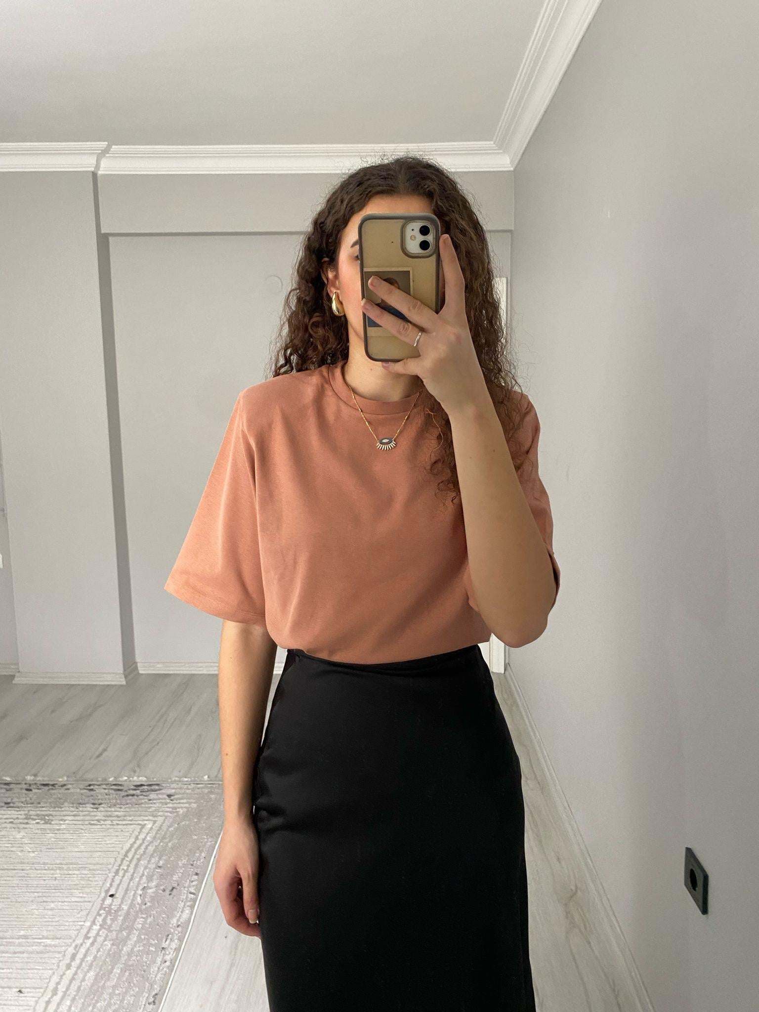 Premium Kalite Vatkalı Pamuklu Kısa Kollu Tshirt Somon