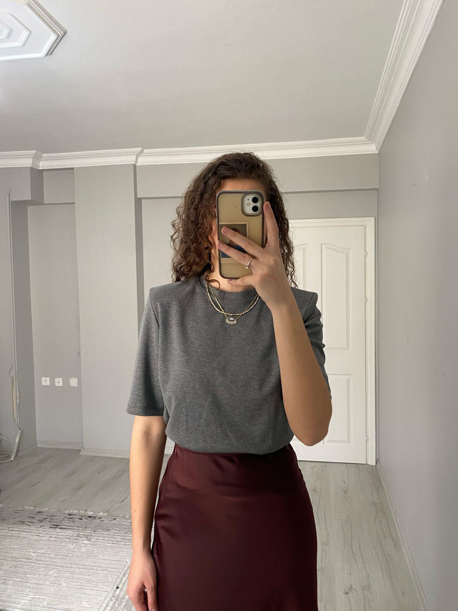 Premium Kalite Vatkalı Pamuklu Kısa Kollu Tshirt Gri