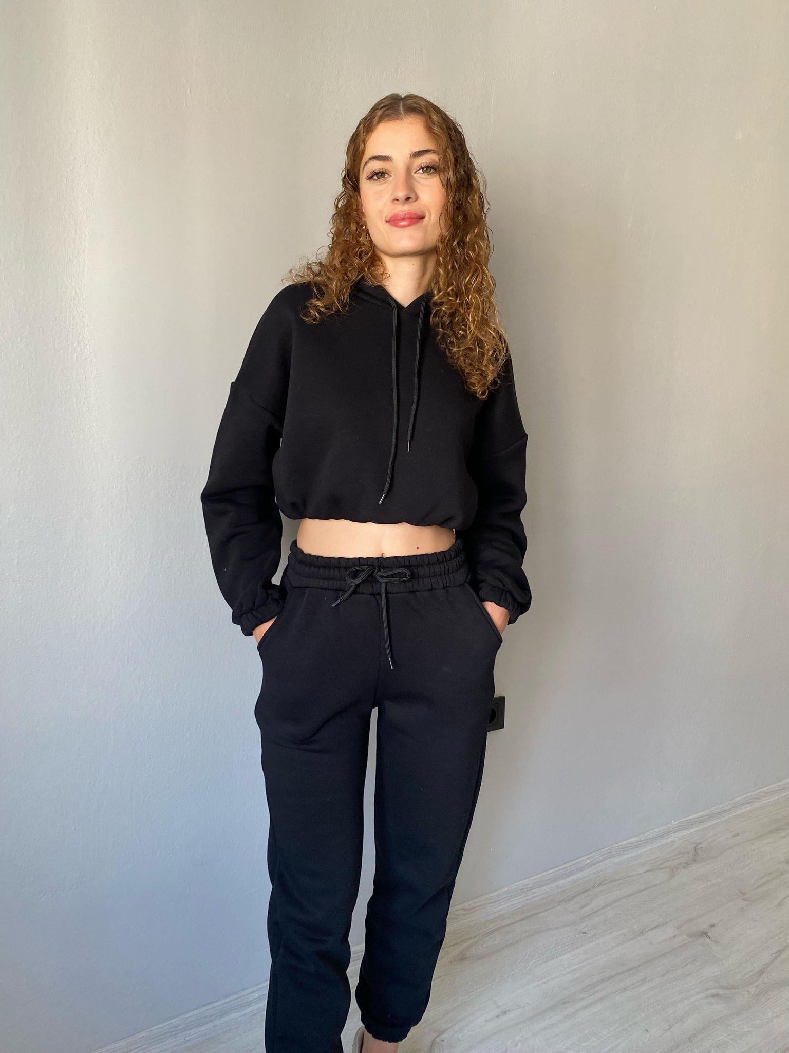 Siyah 3 İplik Şardonlu Crop Eşofman Takımı