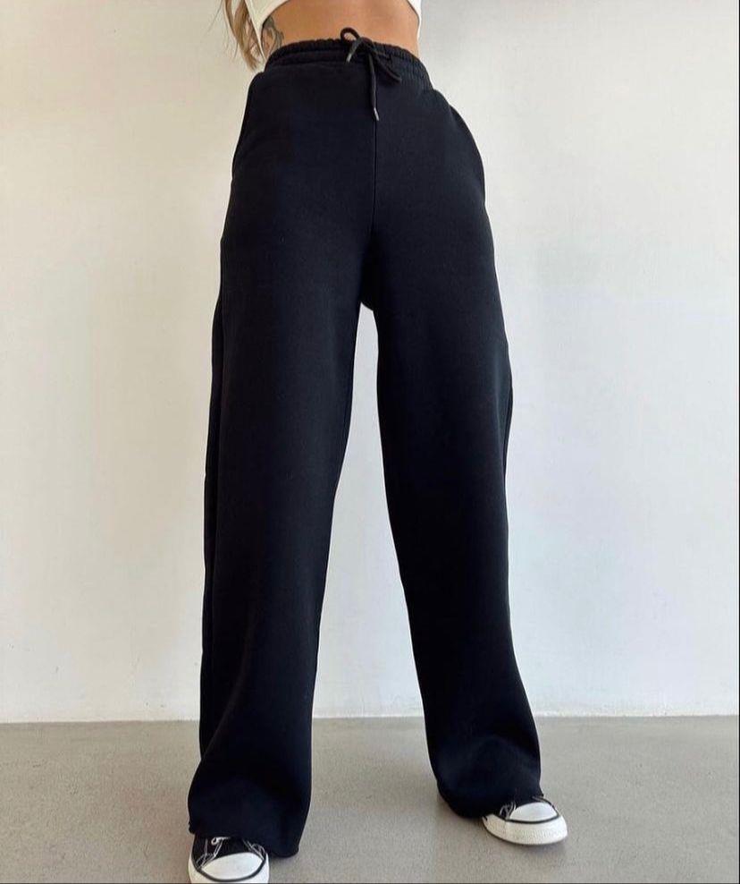 Siyah 3 İplik Şardonlu Yüksek Bel Palazzo Eşofman Altı