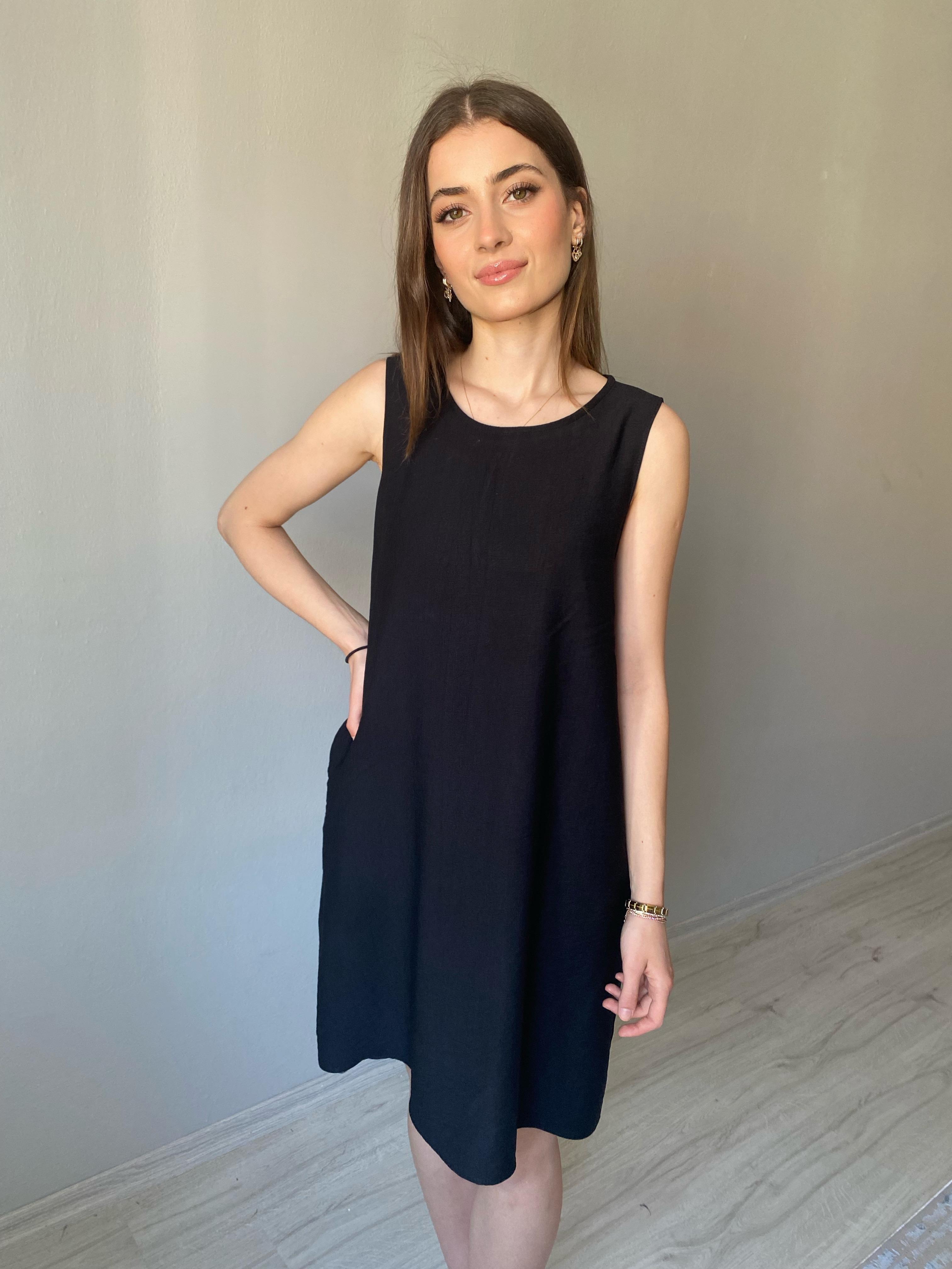 Siyah Kolsuz Cepli Basic Elbise