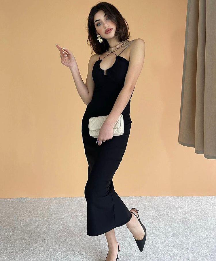 Siyah Midi Boy Tasarım Elbise