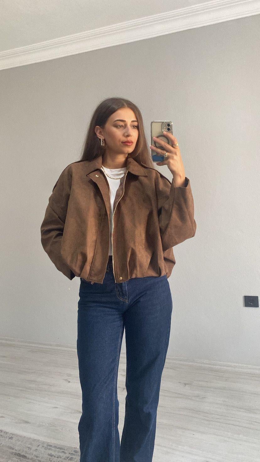 Süet Fermuarlı Düşük Omuz Bomber Ceket Kahve