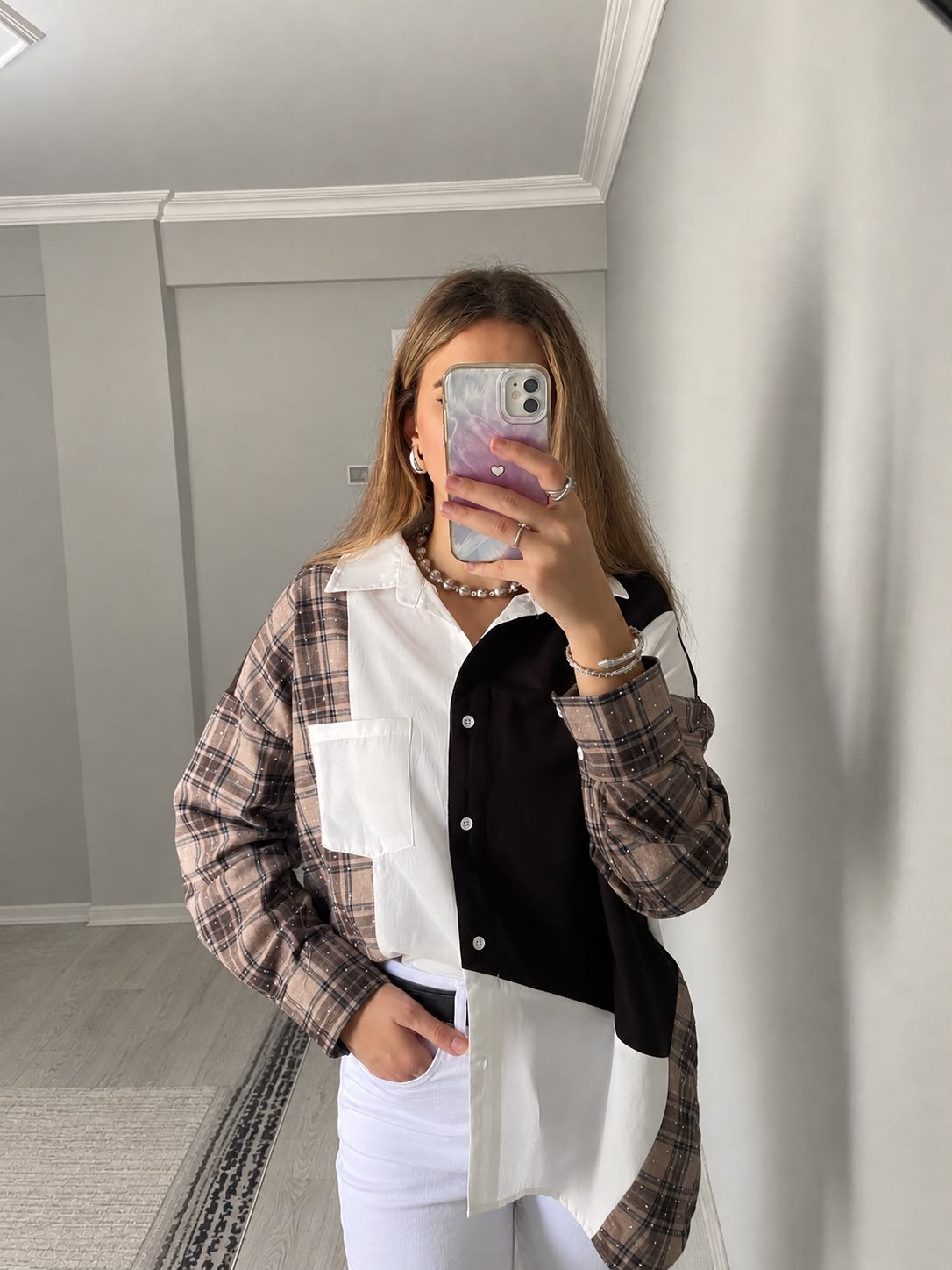 Triko Poplin Bloklu Kolları Taş Detay Oversize Gömlek - Kahverengi