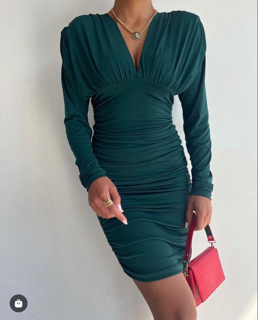 Vatkalı Uzun Kol Likralı Midi Boy Elbise