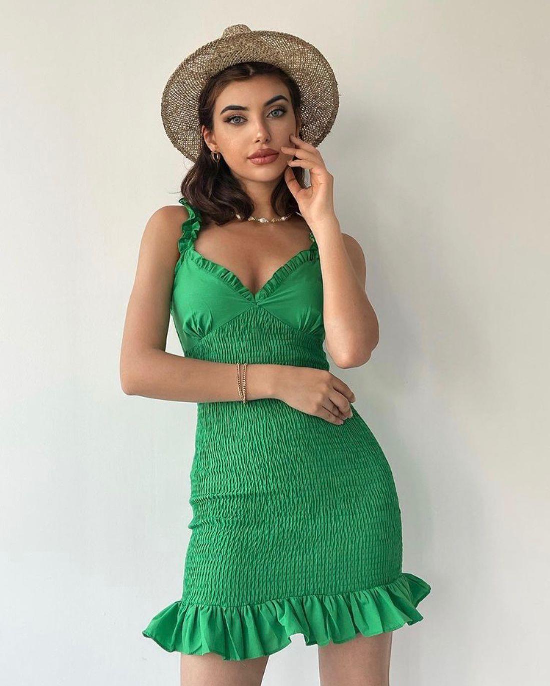 Yeşil İp Askılı Gipeli Kısa Elbise