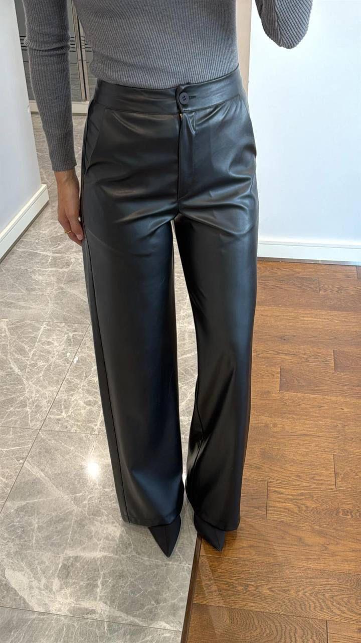 Yüksek Bel Deri Pantolon - Bordo