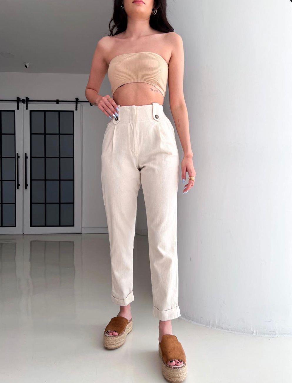 Yüksek Bel Keten Pantolon Bej