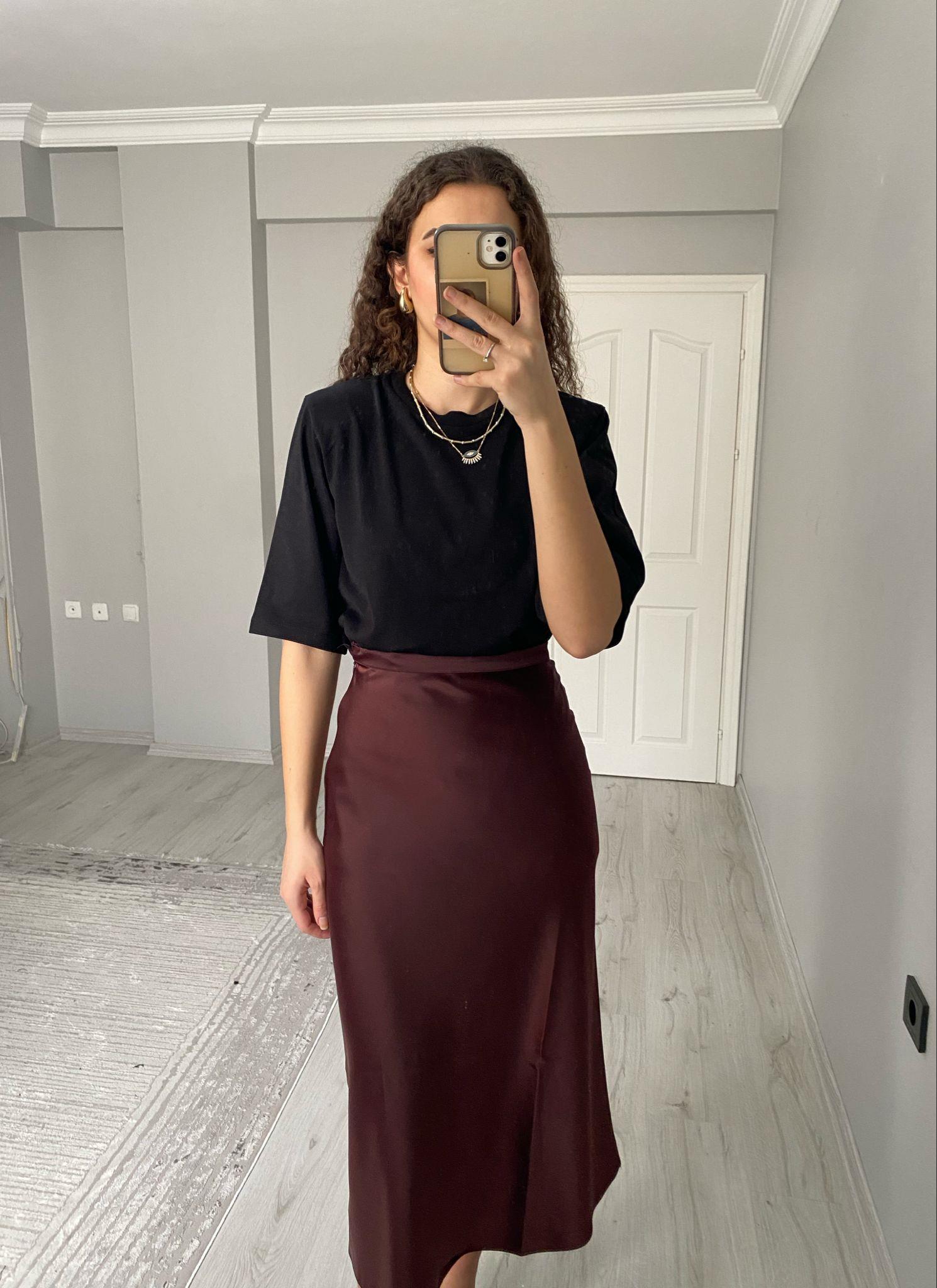 Yüksek Bel Midi Boy Saten Etek Bordo