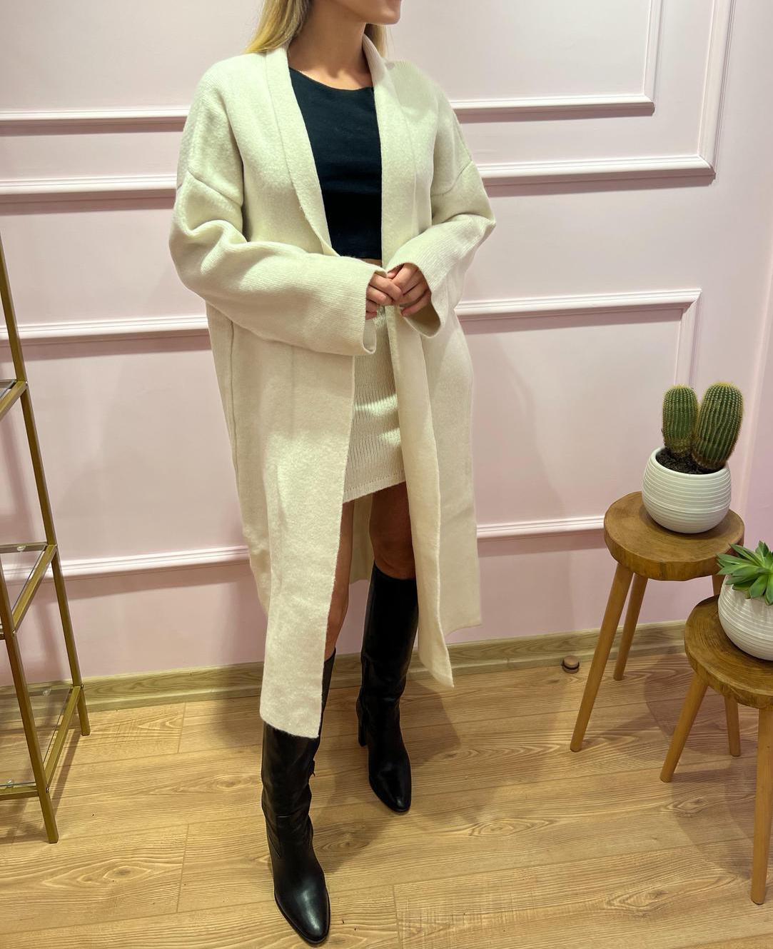 Yumuşak Dokulu Kalın Oversize Uzun Hırka Krem