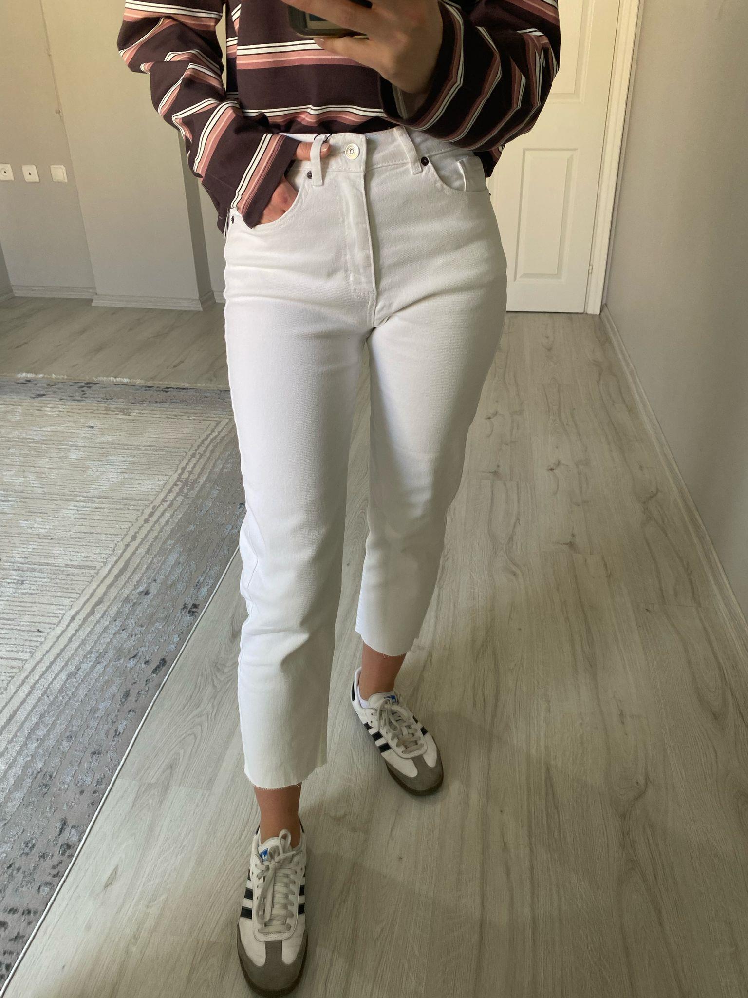 ZR Yüksek Bel Kesik Paça Boyfit Jean Beyaz