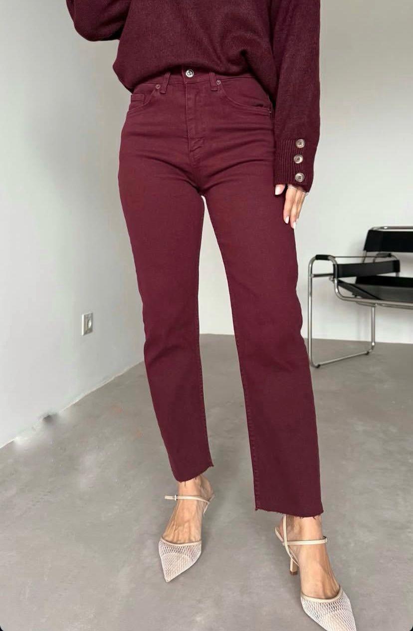 ZR Yüksek Bel Kesik Paça Boyfit Jean Bordo