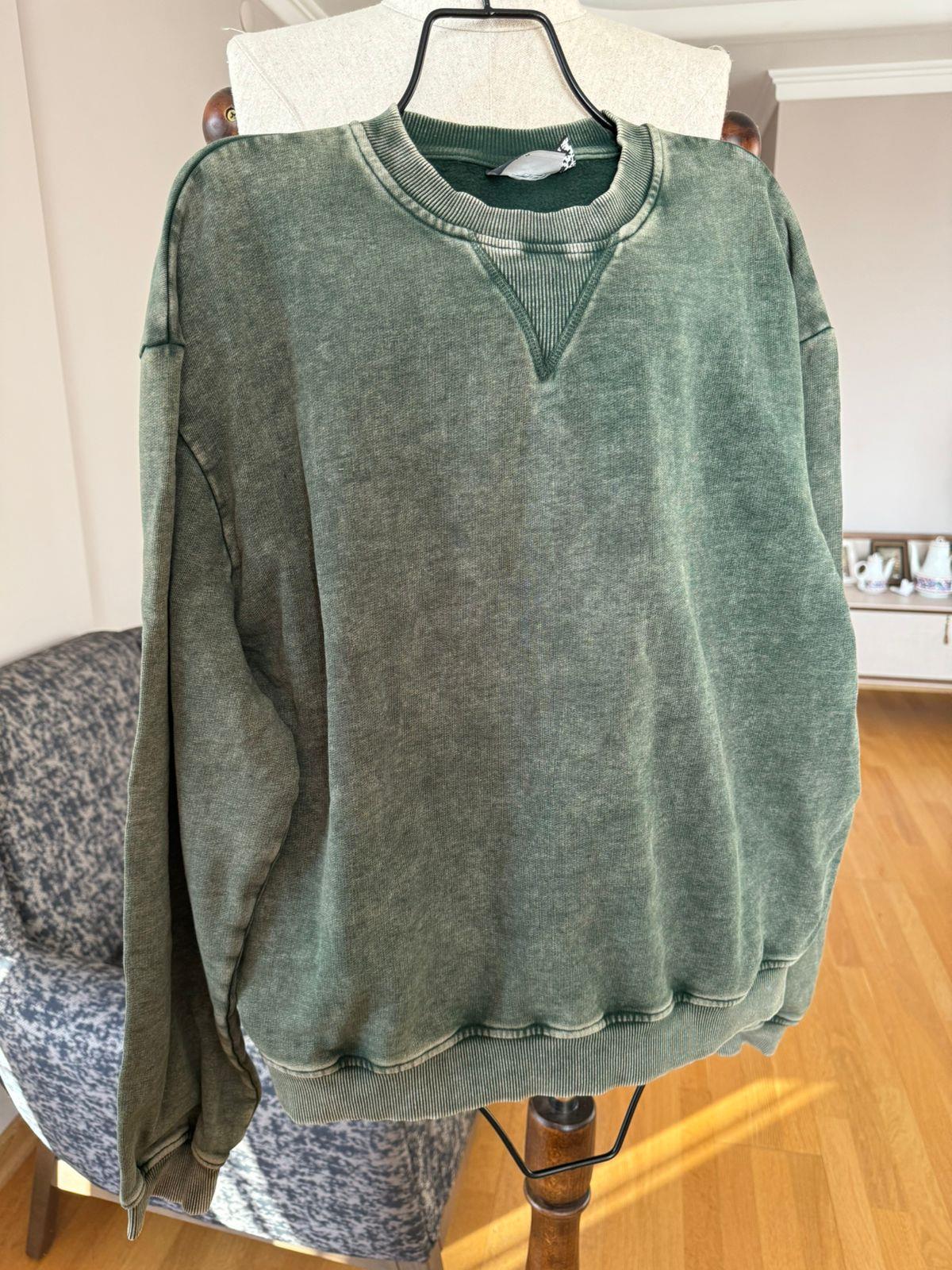  Oversize Sweatshirt - Yıkamalı Koyu Yeşil