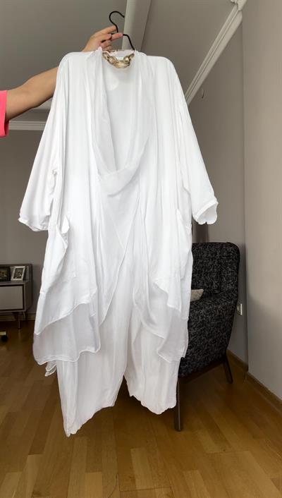 Beyaz İthal Oversize Bluz - Pantolon Takım