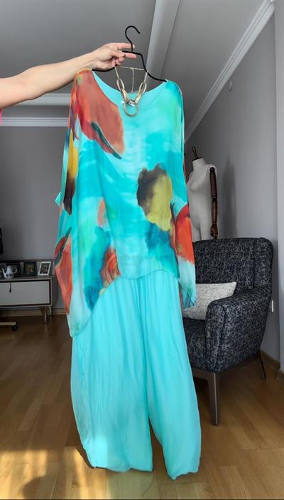 Mavi İthal Oversize Bluz - Pantolon Takım
