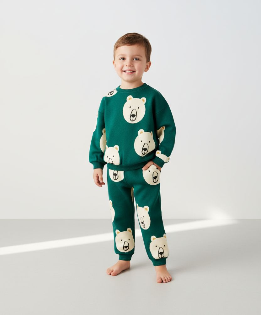  Ayı Yüzü (Bear Face) Desenli Çocuk Eşofman Takımı – Yeşil Pamuklu Sweatshirt & Alt