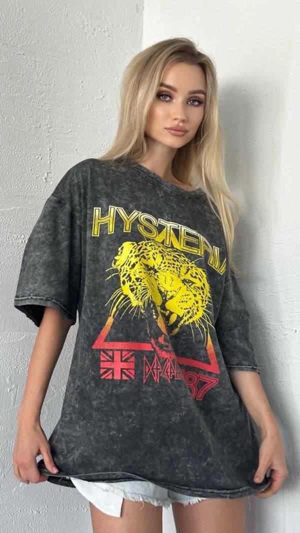  Yıkamalı Def Leppard Baskılı Oversize Tişört
