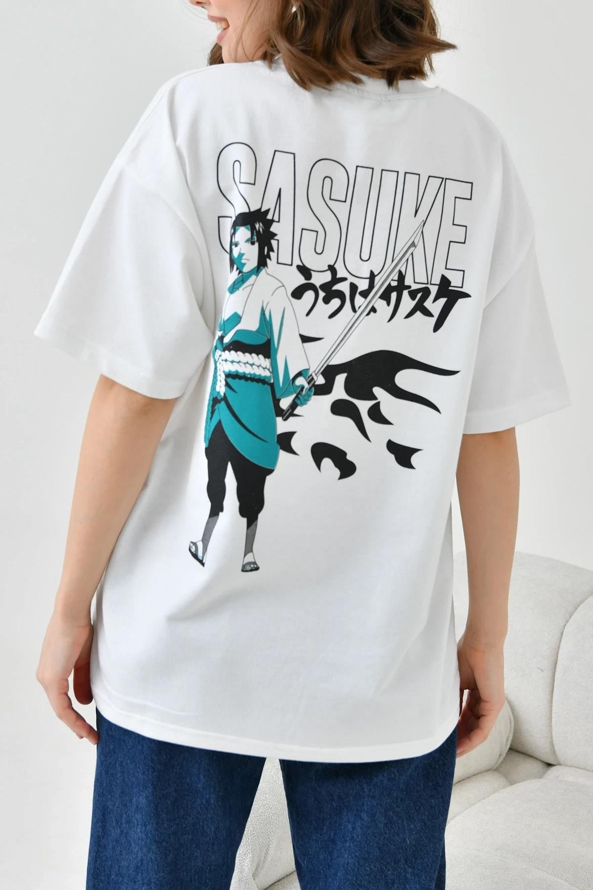 Beyaz Bisiklet Yaka İki İplik Sırtı Baskılı Oversize T-Shirt