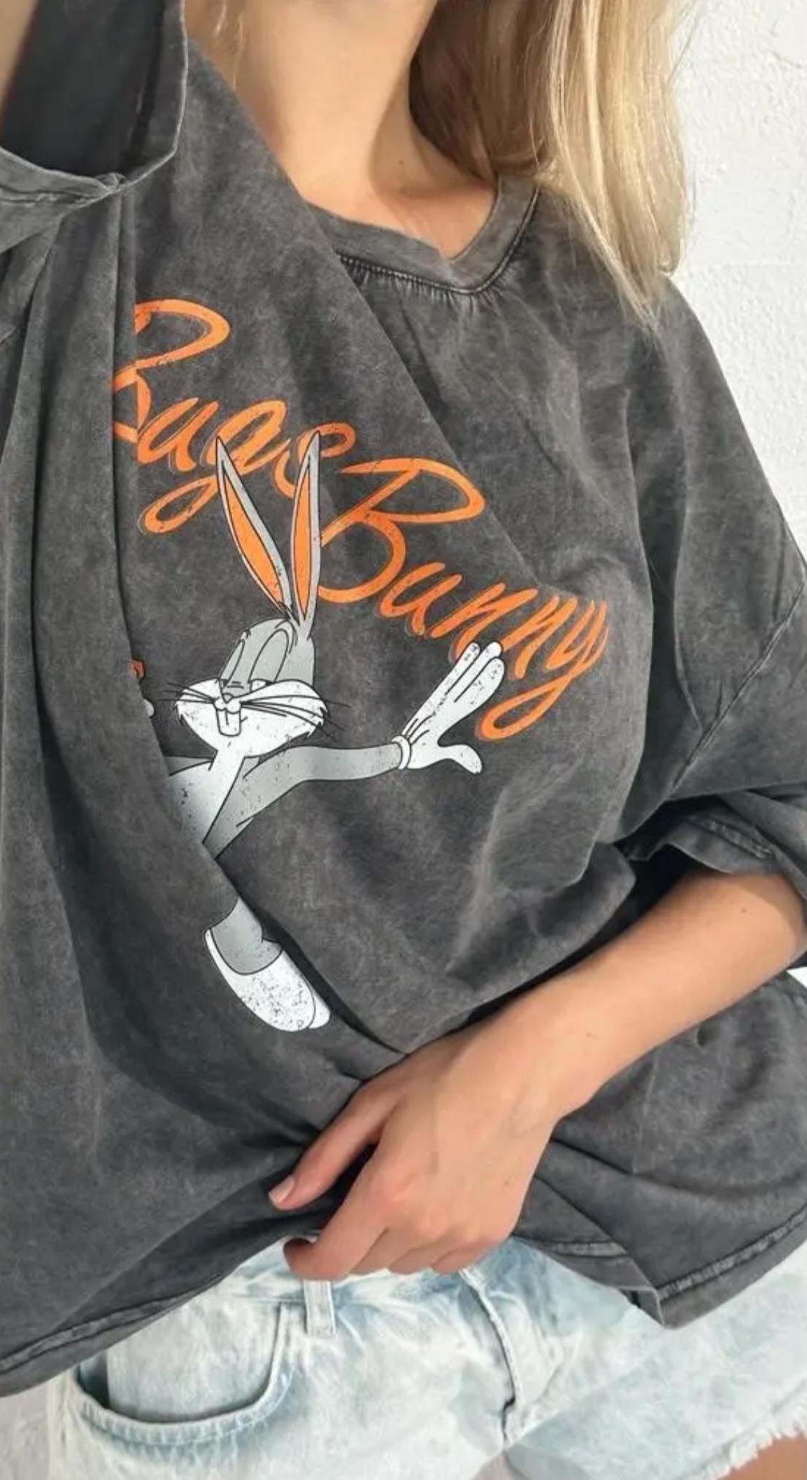 Bugs Bunny Baskılı Oversize Gri Tişört